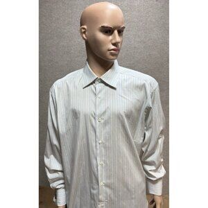 Ermenegildo Zegna Formal Men's Dress Shirt 44 17.5 Blue Gold Stripes Button Up